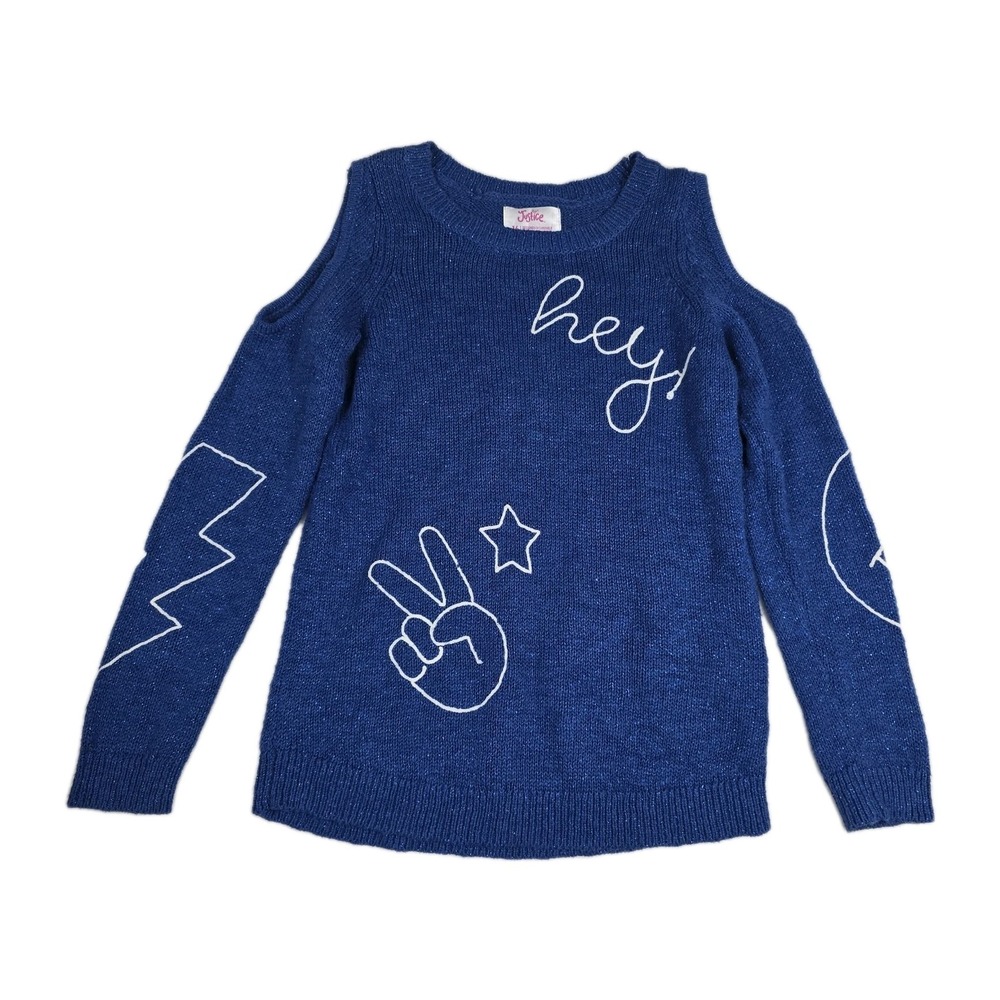 Justice Girls Blue Sparkle Cold Shoulder Graphic Sweater Size 16 Peace Star Hey